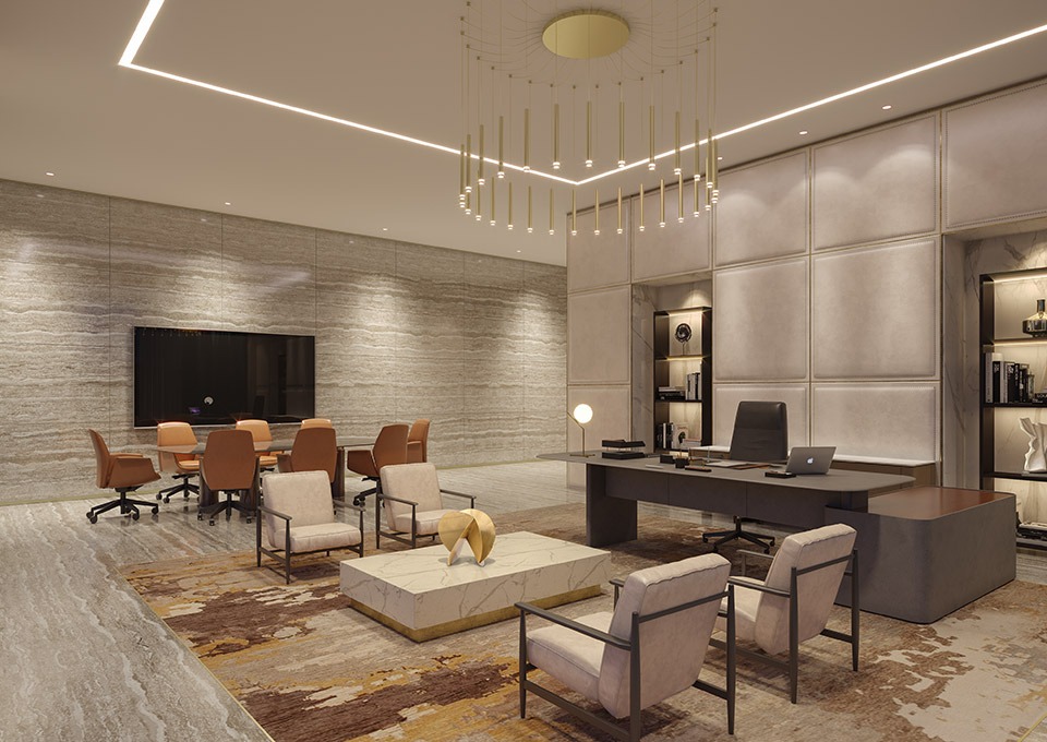 Executive Office Design - Travertine walls & floor with marble coffee table, chandelier, ceiling lights & padded wall panels