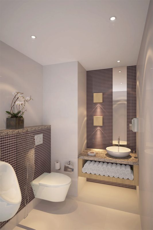 Bathroom Interior Design - Checkered dark velvet purple wall tiles with marble counter & modern ceiling lights