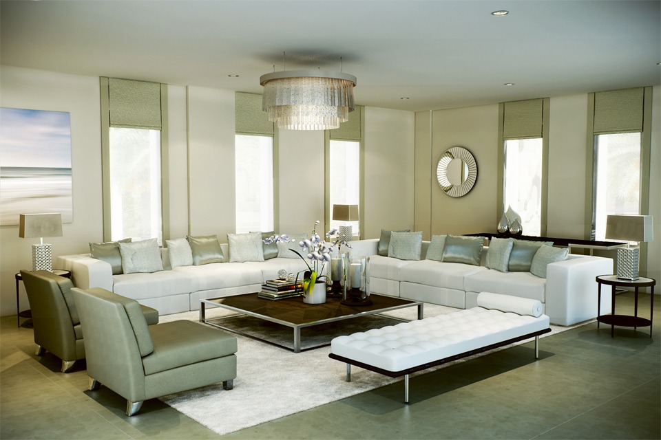 Living Room Design - Luxury leather sofas on marble floor & white rug, with narrow vertical windows and olive blinds