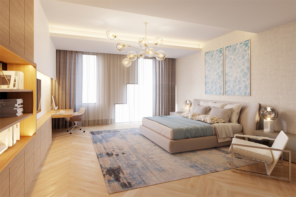 Luxury Bedroom Design - Light, ocean feel in room with blue abstract rug & wall art on a slanted diagonal wooden floor
