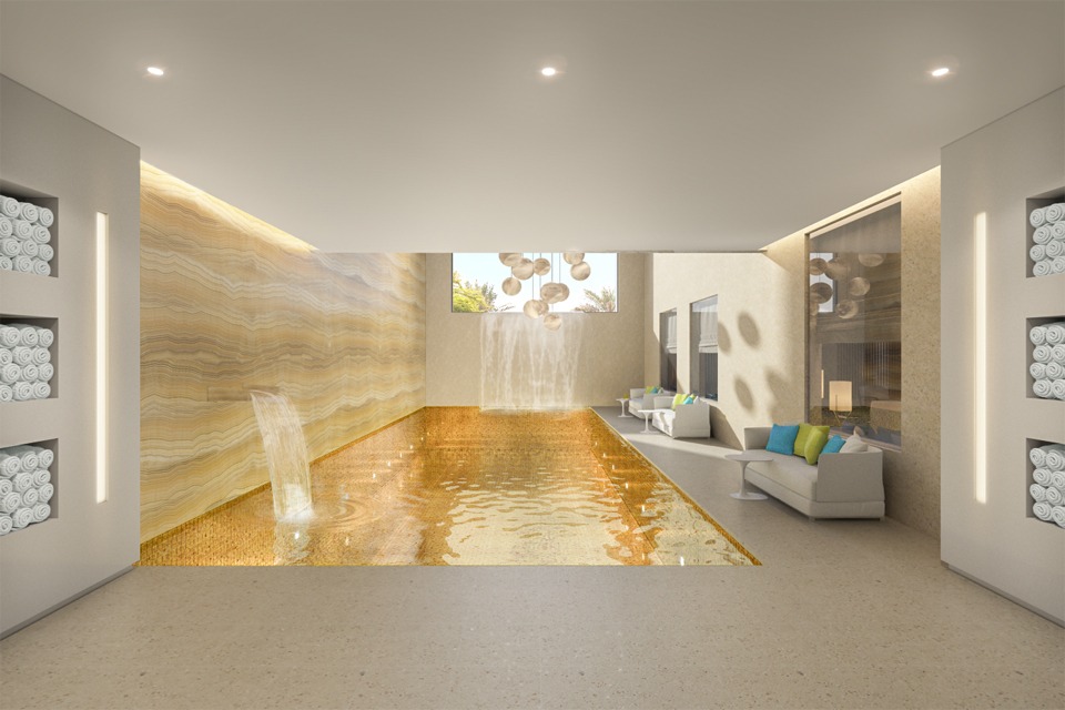 Interior Bath Design - Textured marble wall & pool with golden inner, under ball pendant hanging lighting