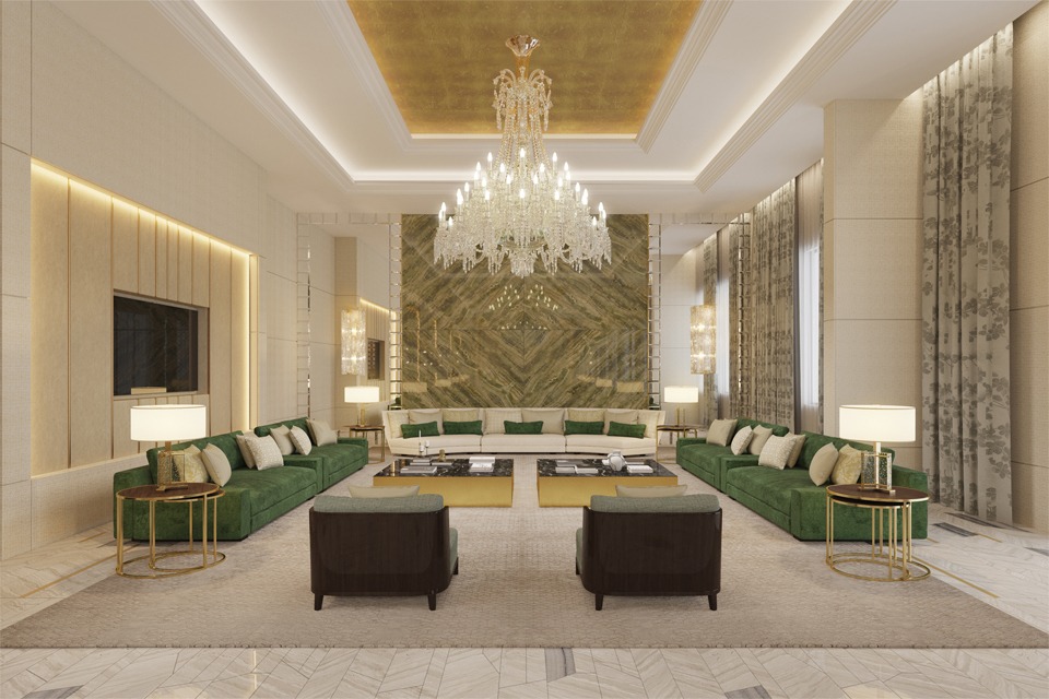 Majlis Design - Greenish marble surrounding, emerald green sofas & gold-sided tables with large mural & Victorian chandelier